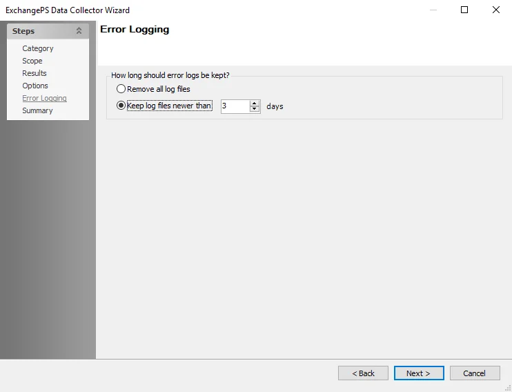 ExchangePS Data Collector Wizard Error Logging page