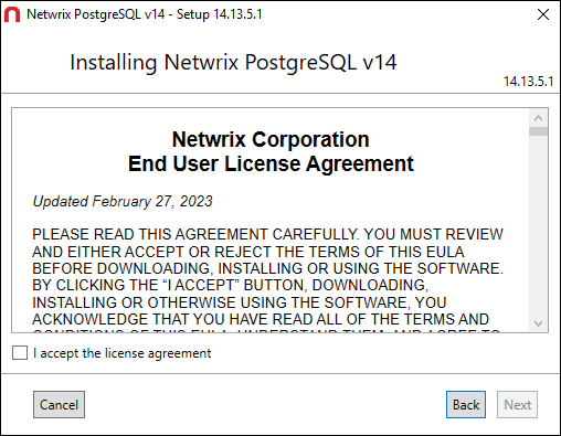 Netwrix PostgreSQL Setup wizard on the EULA page