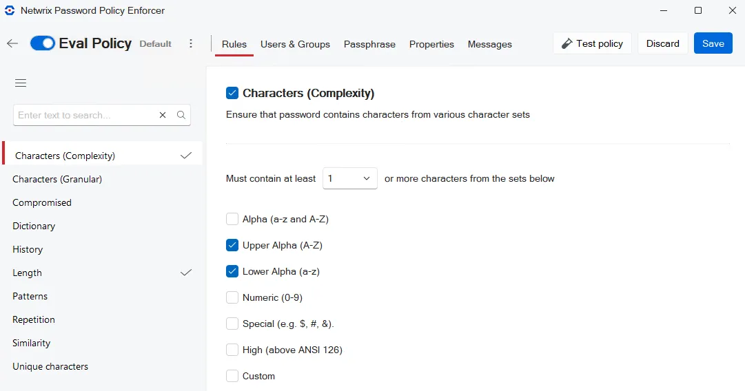 Set upper and lower case requirements