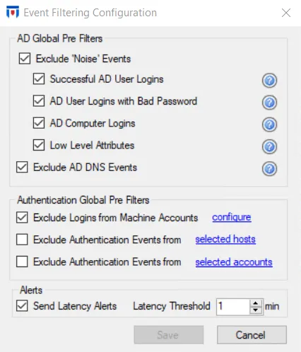 Event Filtering Configuration Window