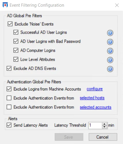 Event Filtering Configuration Window