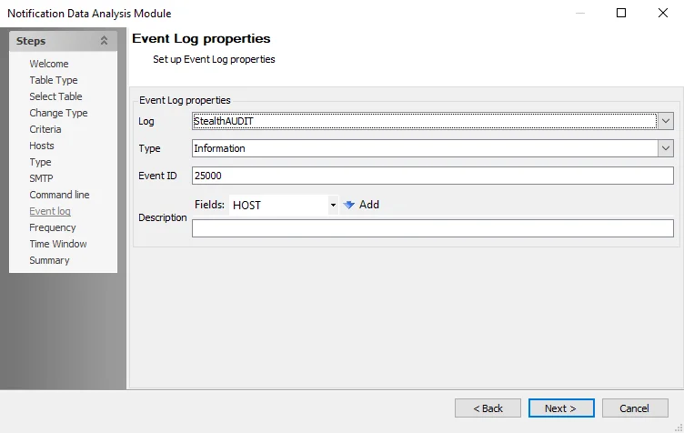 Notification Data Analysis Module wizard Event Log properties page