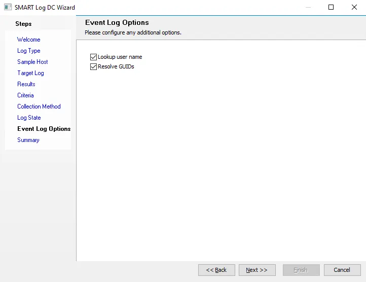SMART Log DC Wizard Event Log Options page
