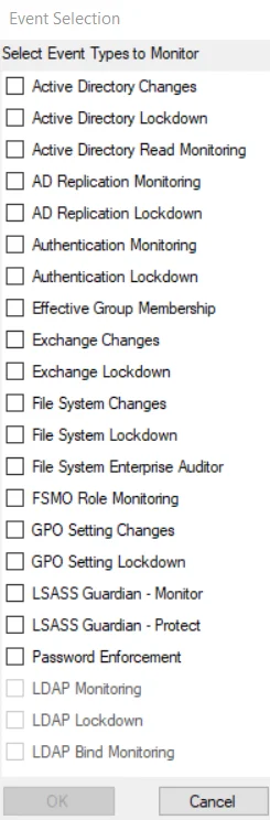 Event Type tab - Event Selection window