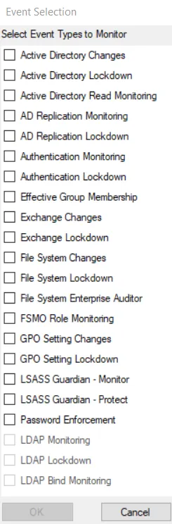 Event Type tab - Event Selection window