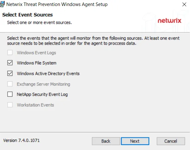 Threat Prevention Windows Agent Setup wizard - Select Event Sources page