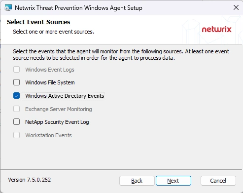 Select Event Sources Page
