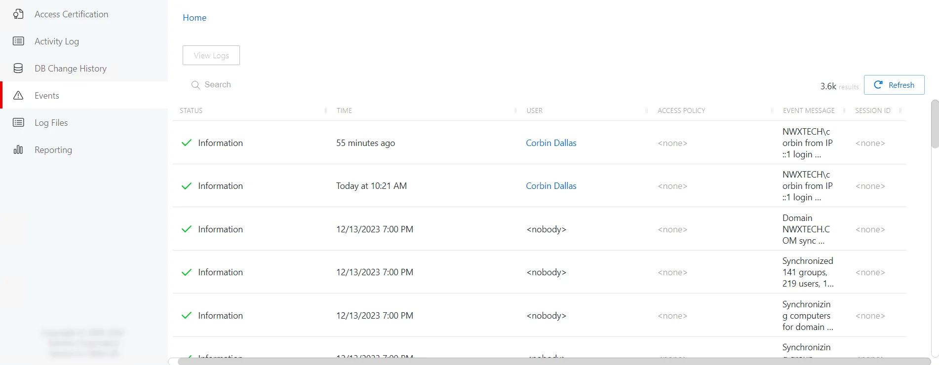 Audit and Reporting Events Page