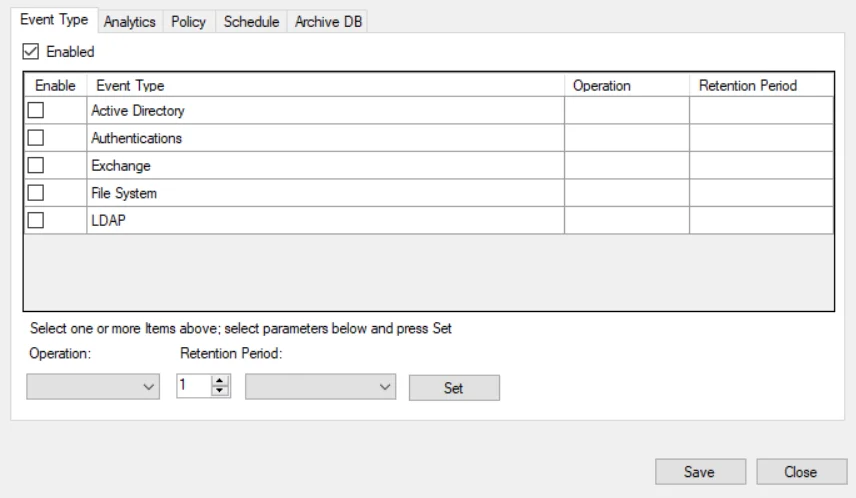 Database Maintenance window - Event Type tab
