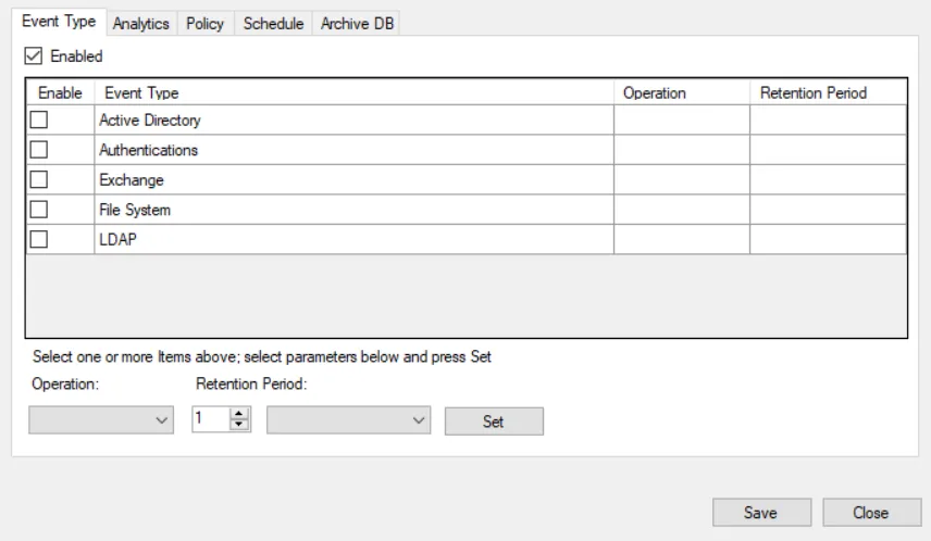 Database Maintenance window - Event Type tab