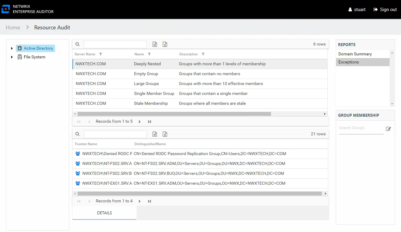Exceptions report