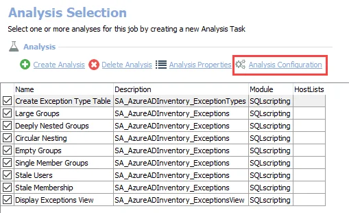 Analysis Configuration option on Analysis Selection page