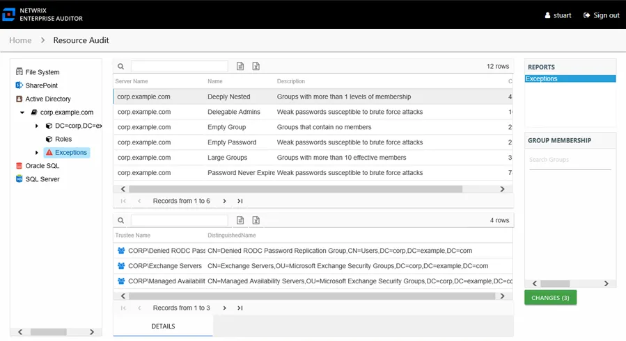 Exceptions report at the Exceptions node