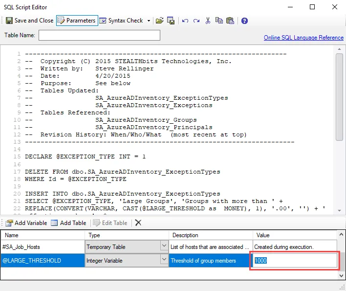 Change Parameter Value in SQL Script Editor