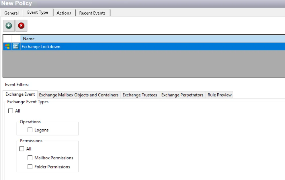 Policy window - Exchange Lockdown Event Type