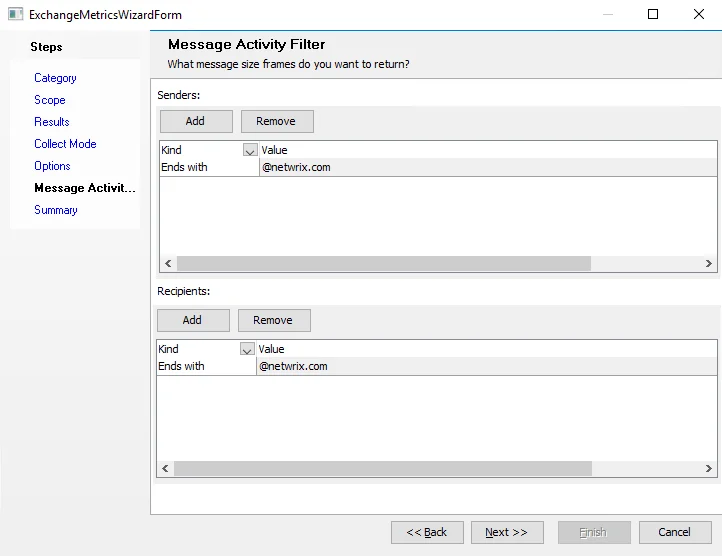 Exchange Metrics Data Collector Wizard Message Activity Filter page