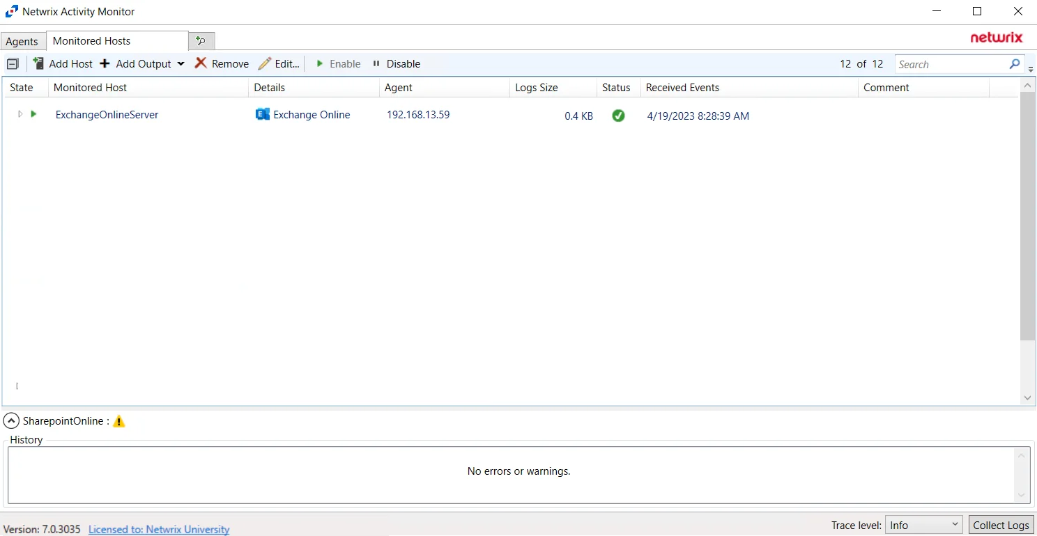 Exchange Online in Activity Monitor