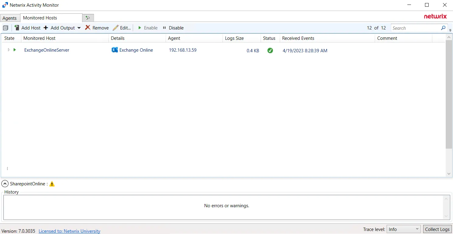 Exchange Online in Activity Monitor