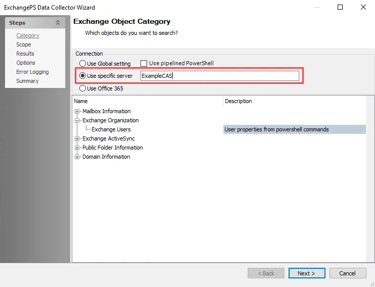 CAS name on ExchangePS Data Collector Wizard Category page