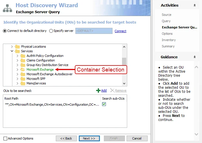 Host Discovery Wizard Exchange Server Query page