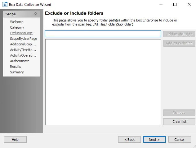 Box DC Wizard Exclude or Include folders page