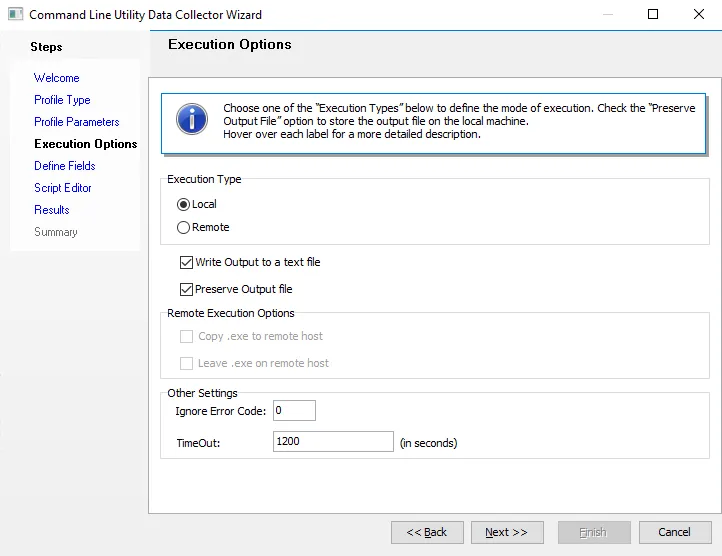 PowerShell Action Module Wizard Execution Options page
