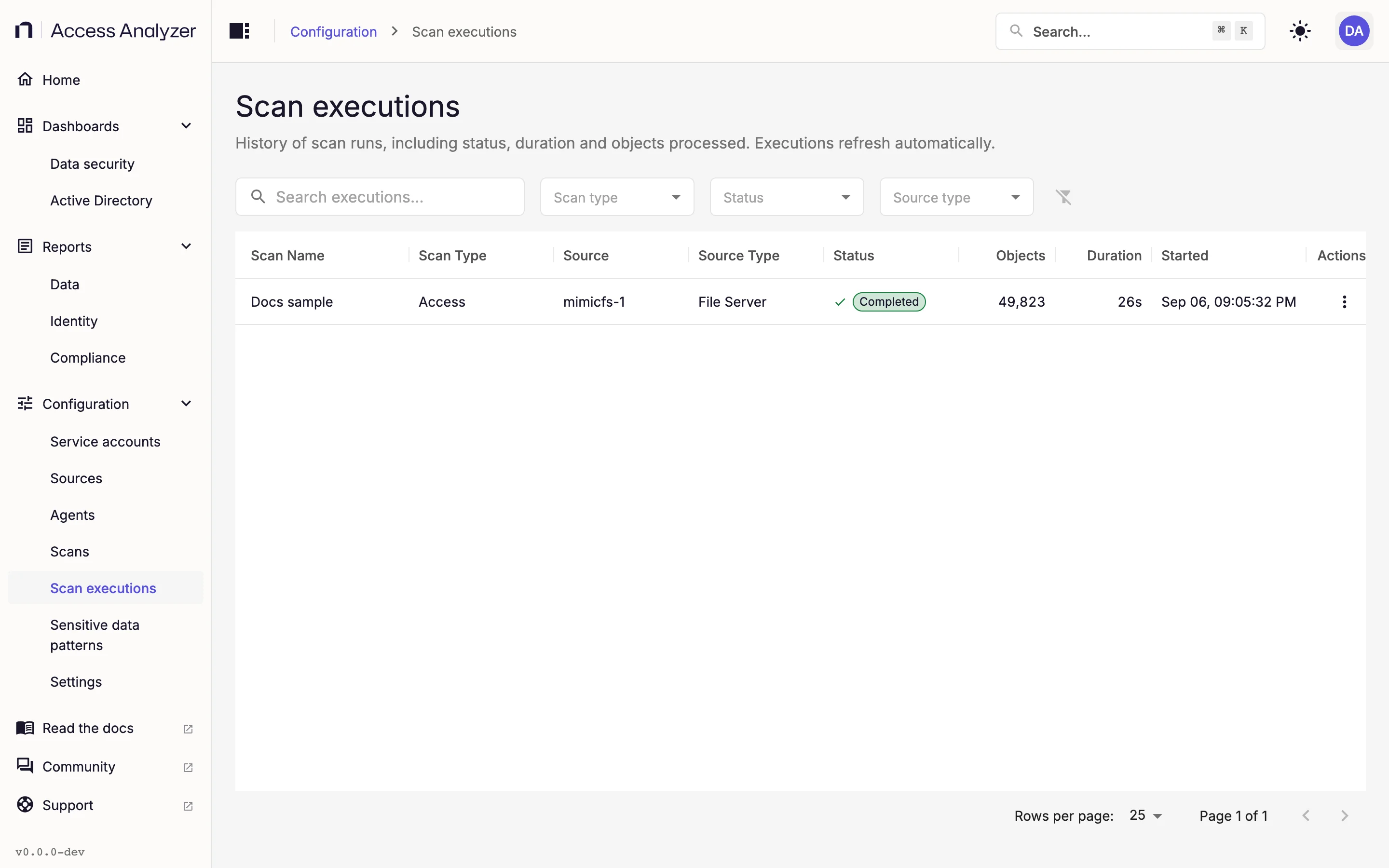 Scan executions list