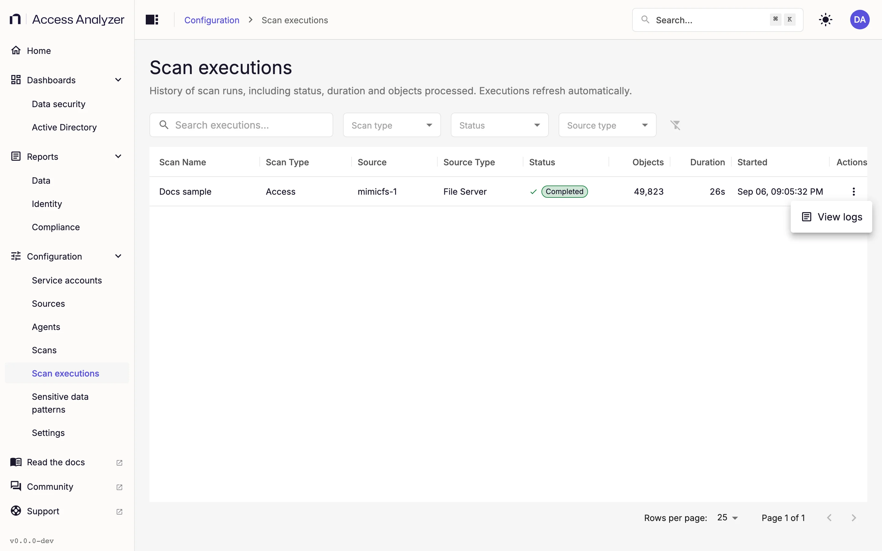 Scan execution actions menu with View logs