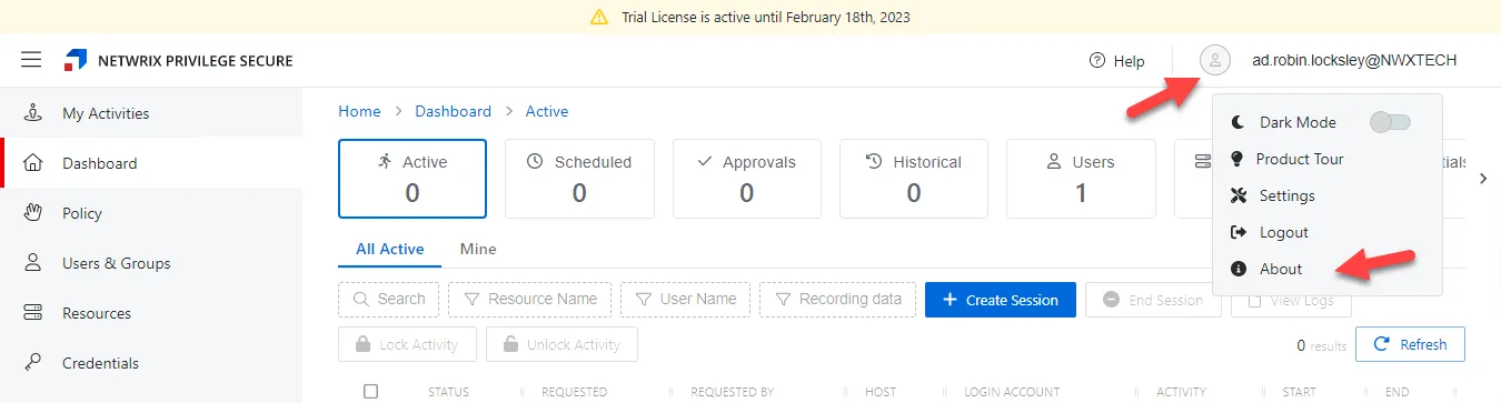 Dashboard interface showing an expiration banner and pointint to the User Options menu with the About page