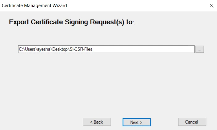 Certificate Management Wizard on the Export Certificate Signing Request(s) to page