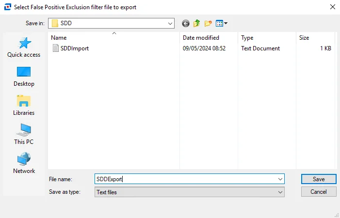Select False Positive Exclusion filter file to export File Explorer window
