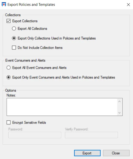 Export Policies and Templates Window