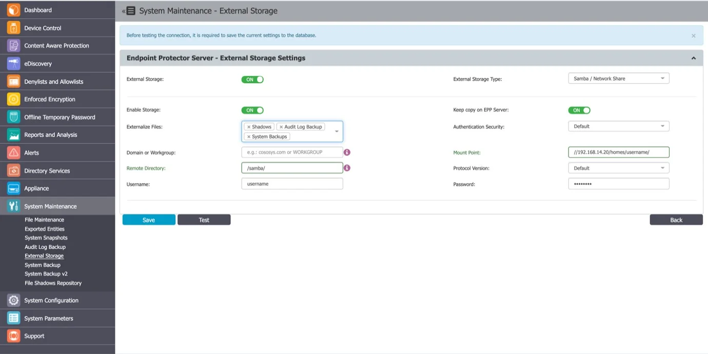 Externalize ﬁles generated by Endpoint Protector to a particular storage disk from the network