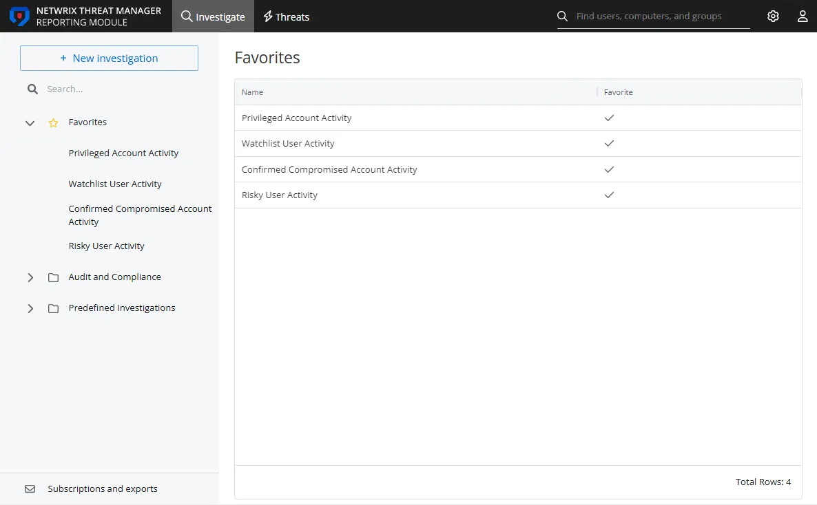Investigation interface on the Favorites page