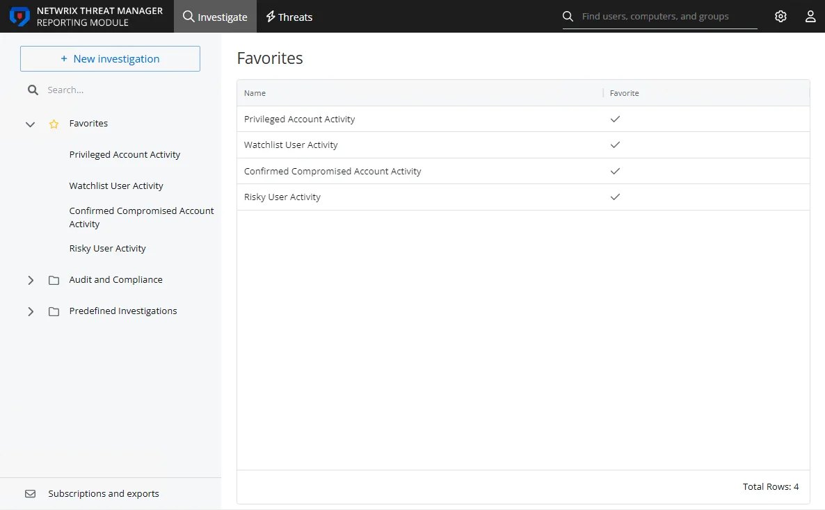 Investigation interface on the Favorites page
