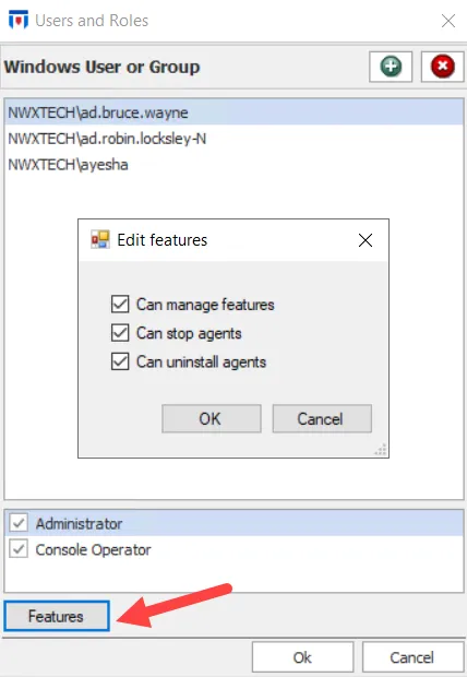 Users and Roles window showing the Edit Features window