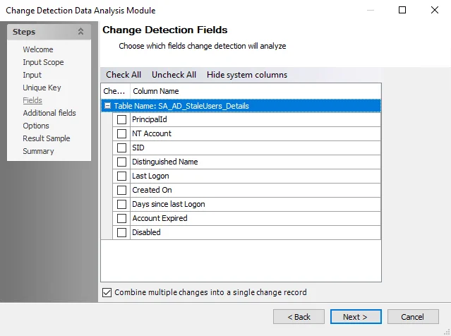 Change Detection Data Analysis Module wizard Fields page