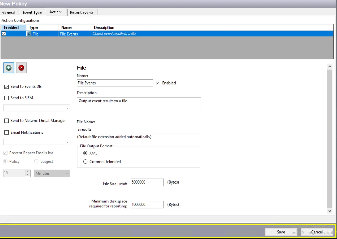 Actions tab - File action created