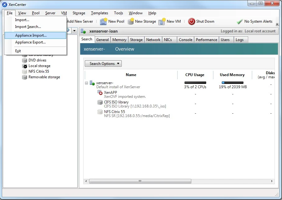 Selecting Appliance Import under files
