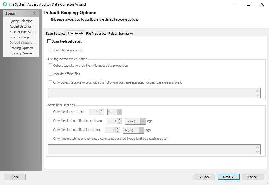FSAA Data Collector Wizard Default Scoping Options page File Details tab