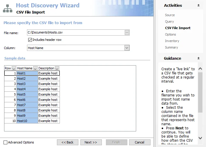 Host Discovery Wizard CSV File Import page