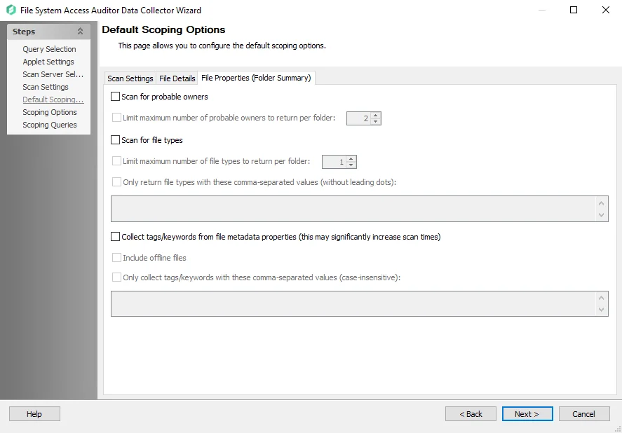 FSAA Data Collector Wizard Default Scoping Options page File Properties (Folder Summary) tab