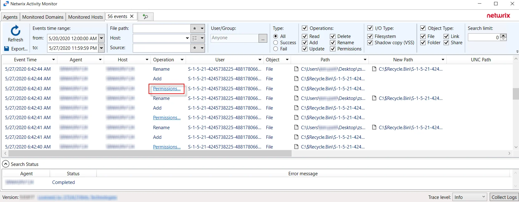 Search Results with Permissions listed in the Operations Column