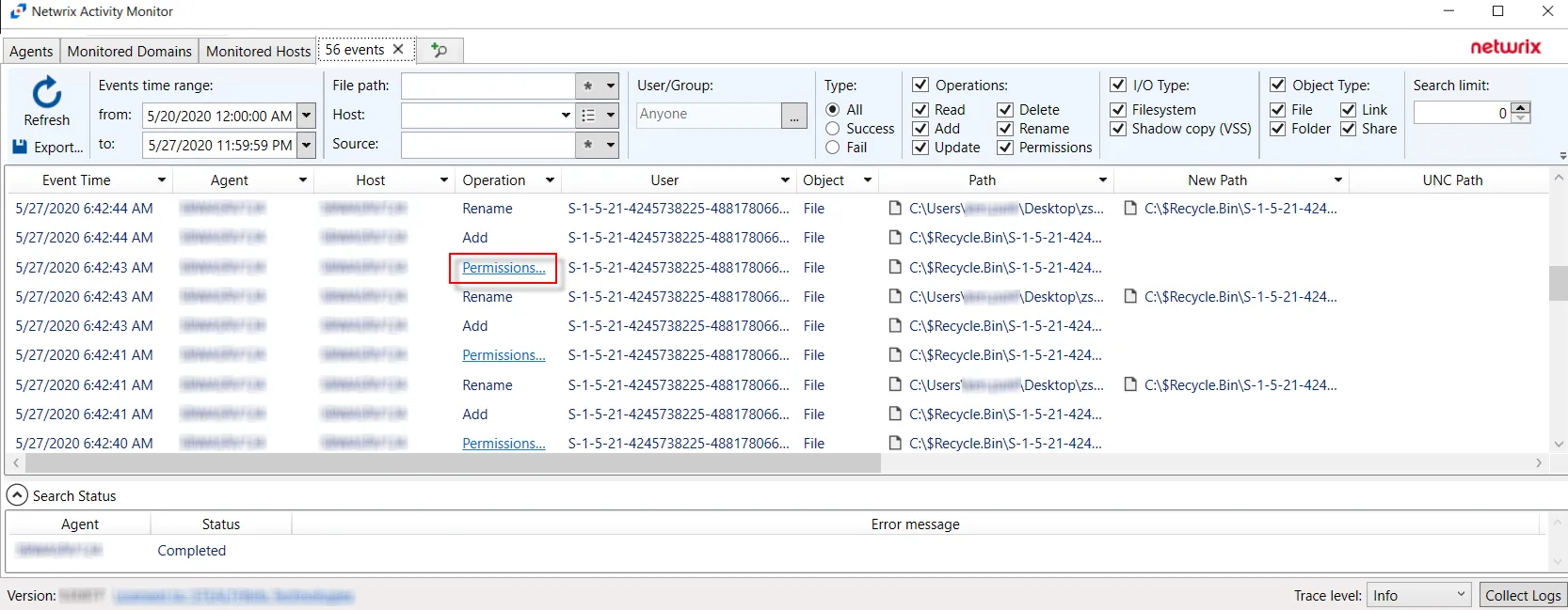 Search Results with Permissions listed in the Operations Column