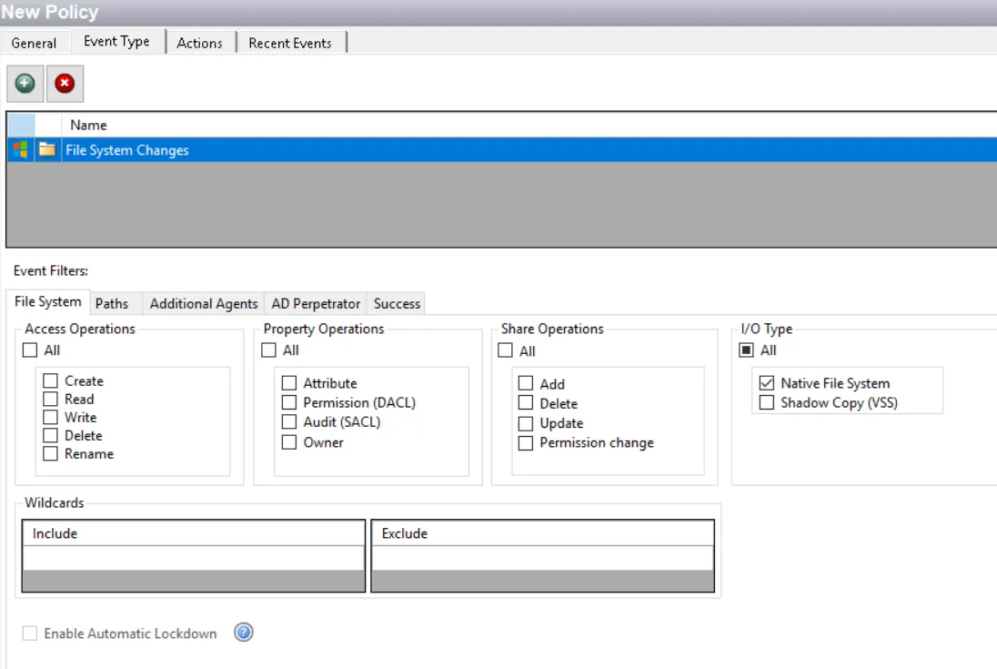 Policy window - File System Changes Event Type