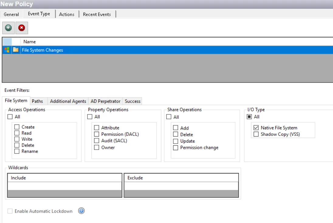 Policy window - File System Changes Event Type
