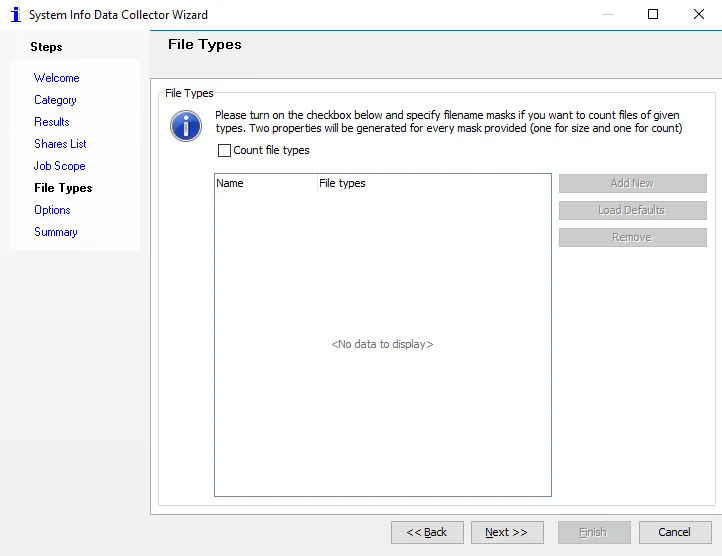 System Info Data Collector Wizard File Types page