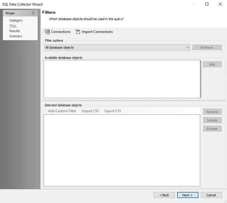 SQL Data Collector Wizard Filter page