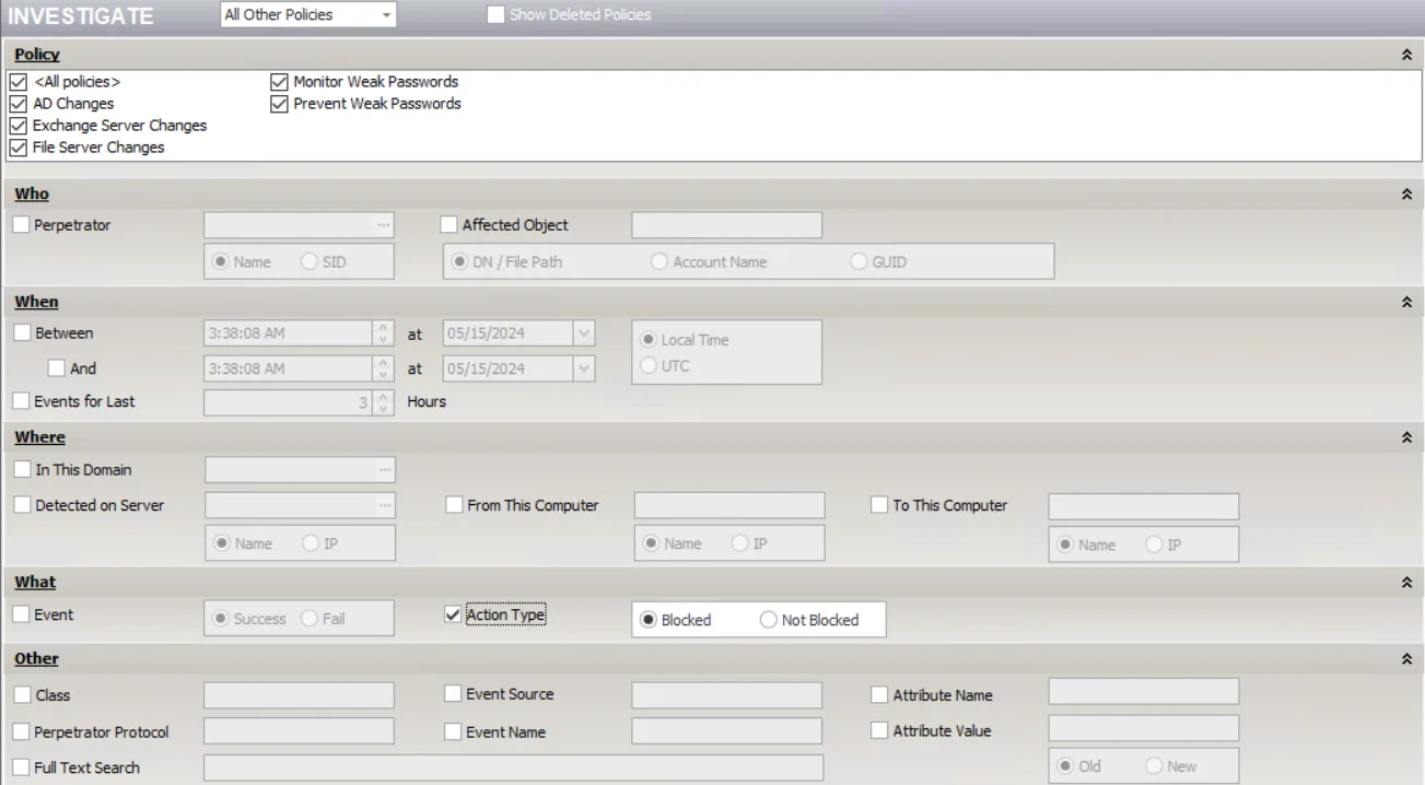 Investigate Interface - Filter Categories