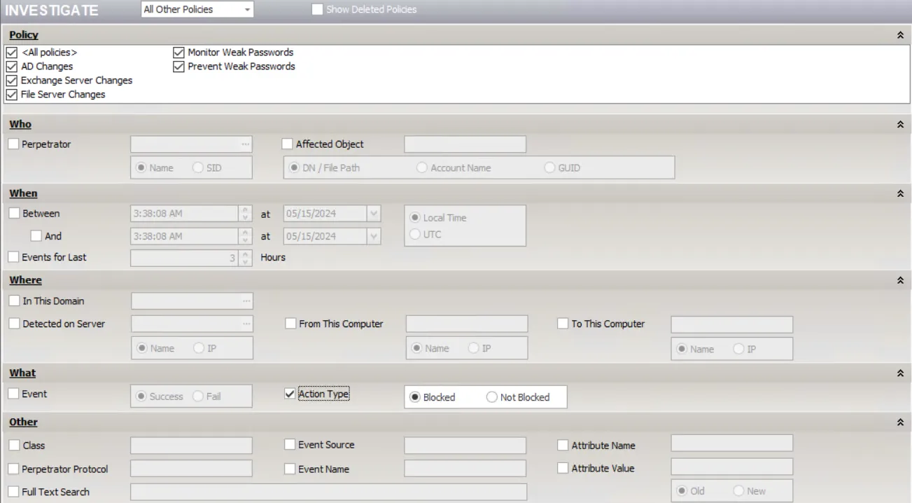 Investigate Interface - Filter Categories